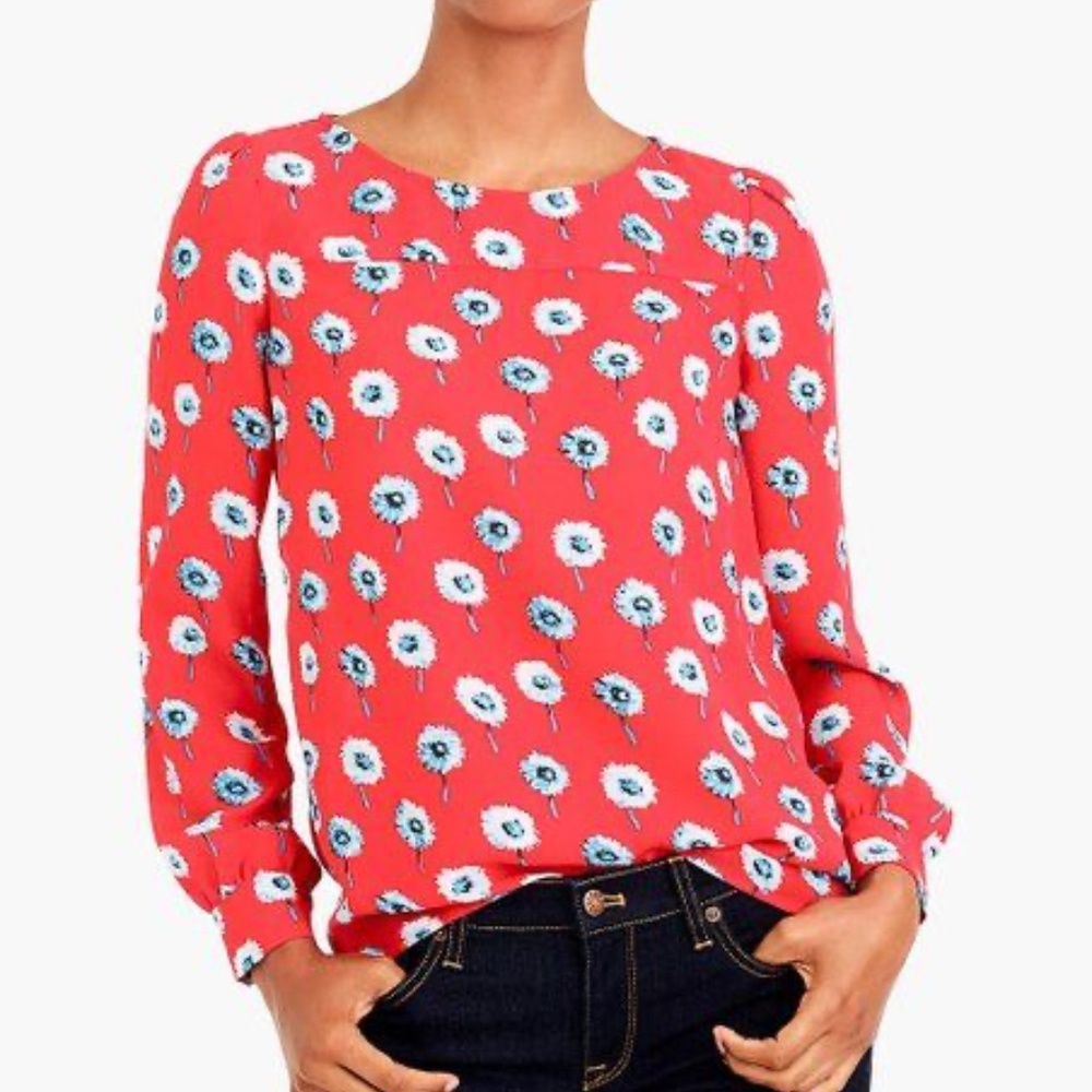 J. Crew Blouse Women Size Large Poly Mercantile Red Longfellow Floral Boatneck